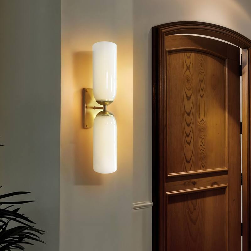 Glass Double Wall Sconce - Metal, Glass Matte Black, Ivory 2-Light Sconce for Bathroom or Entryway in Modern, Mid-Century Style