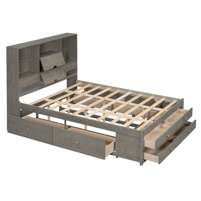 Queen Size Platform Bed with Storage Headboard & 8 Drawers - Gray