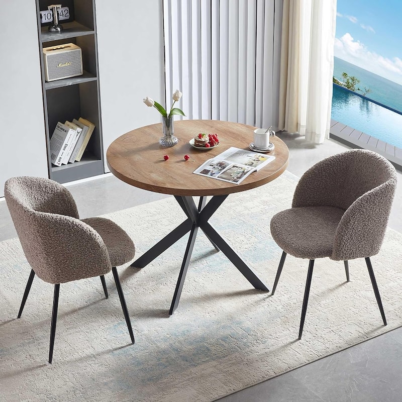 Howtai Round Dining Table Set with Fluffy Sherpa Arm Chairs Space Saving