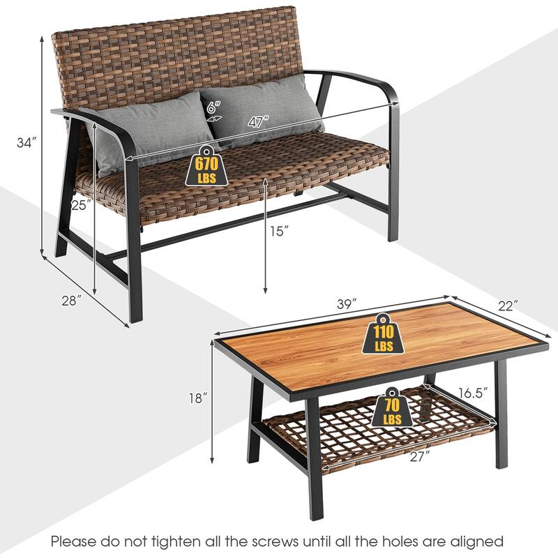 Gymax Set of 2 Rattan Loveseat Coffee Table Set w/ Padded Back Seat