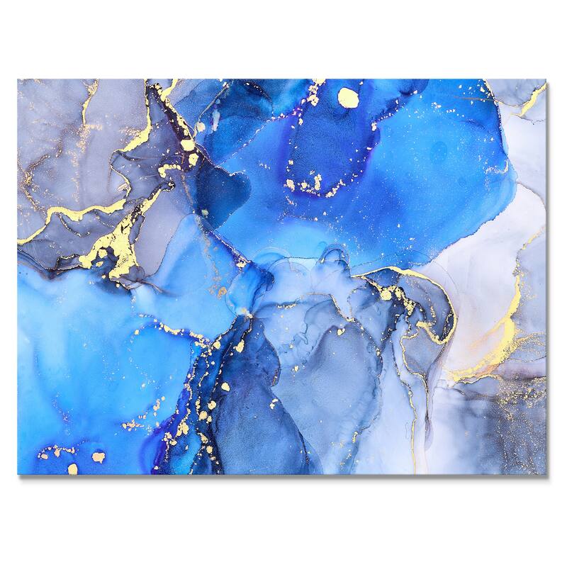 Designart "Blue And Gold Luxury Abstract Fluid Art" Modern Canvas Wall Art Print Bed Bath