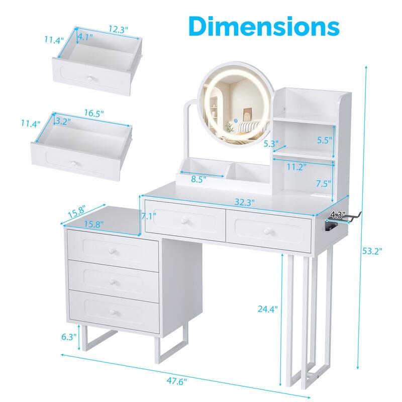 Particle Board Veneered White Bracket, White Iron Feet, 5-drawer 2-compartment 2-tier Rack Dressing Table - N/A