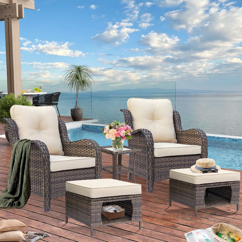 5-piece Outdoor Patio Wicker Conversation Sets With Storage Ottomans - Beige