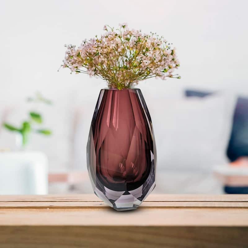 Plum Purple 6" Art Deco Cut Glass Squat Oval Vase for Modern Decor