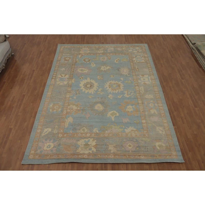 Handmade Blue Oushak Vegetable Dye Large Rug, Flora Geometric Carpet - 13' 8'' X 9' 10''
