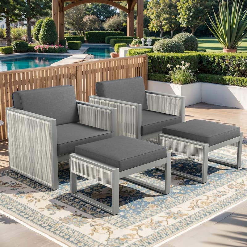 Pocassy 5 Inch Outdoor Patio Funiture Sets - Dark Grey Cushion - 4PCS Patio Chairs with Ottoman