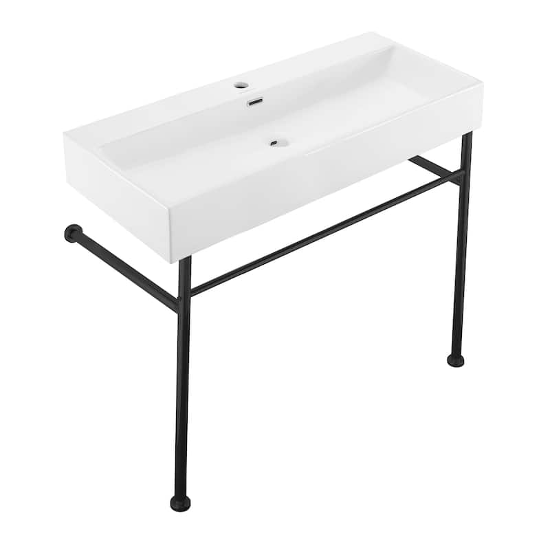 Reims 40 Ceramic Console Sink White Basin Black Legs - 39.35" x 16.55" 35.45" - 39.35" x 16.55" 35.45" - White
