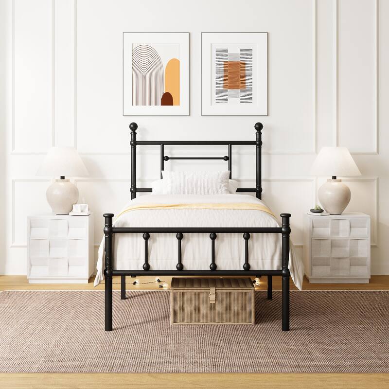 Black Metal Bed Frame with Headboard and Underbed Storage, Easy Assembly