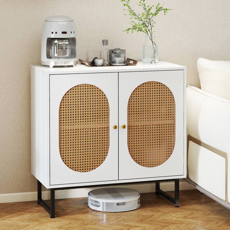 Engineered Wood Buffet Cabinet with PE Rattan Doors and Shelves - 31.5" x 16" x 32"