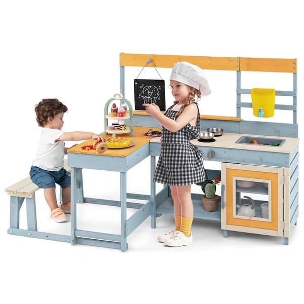 slide 2 of 6, 2-in-1 Mud Kitchen & Kids Picnic Table Kids Kitchen Playset with Bench Multi