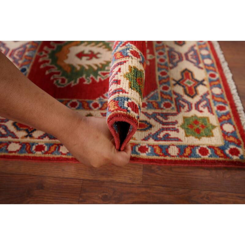 Hand Knotted Oriental 100% Wool Carpet Traditional Geometric Red Kazak Area Rug - 2' 11'' X 1' 11''