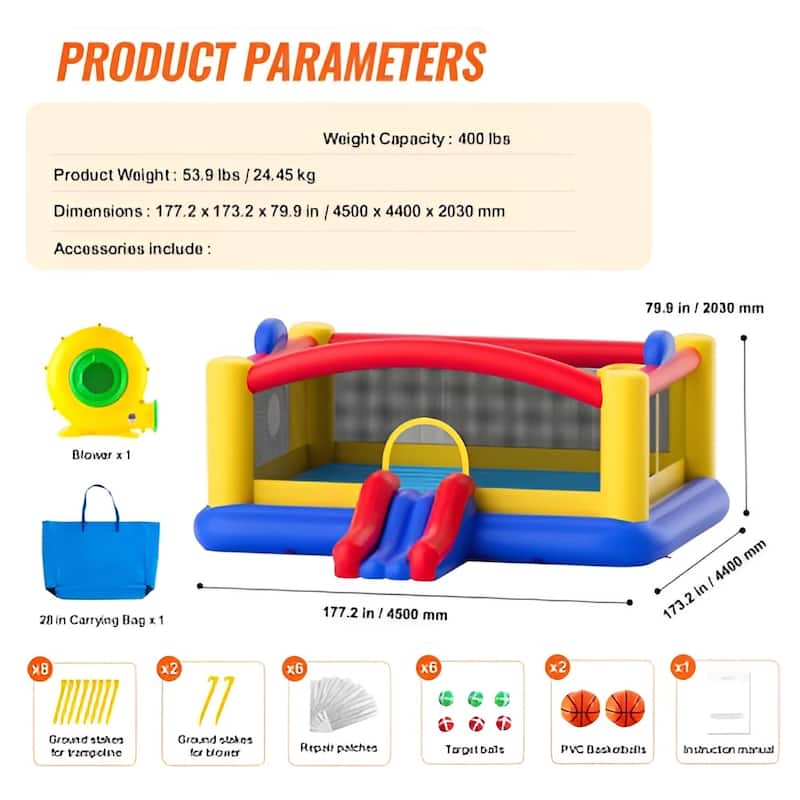 Large Inflatable Bounce House with Slide, Hoop & Games – 400 lbs - Multi - 177.2x173.2x79.9 inches