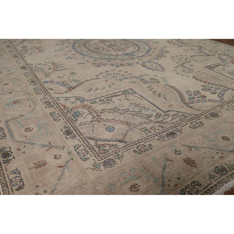 Medallion Tabriz Persian Area Rug Oriental Beige Handmade Wool Carpet - 6'9"x 9'7"