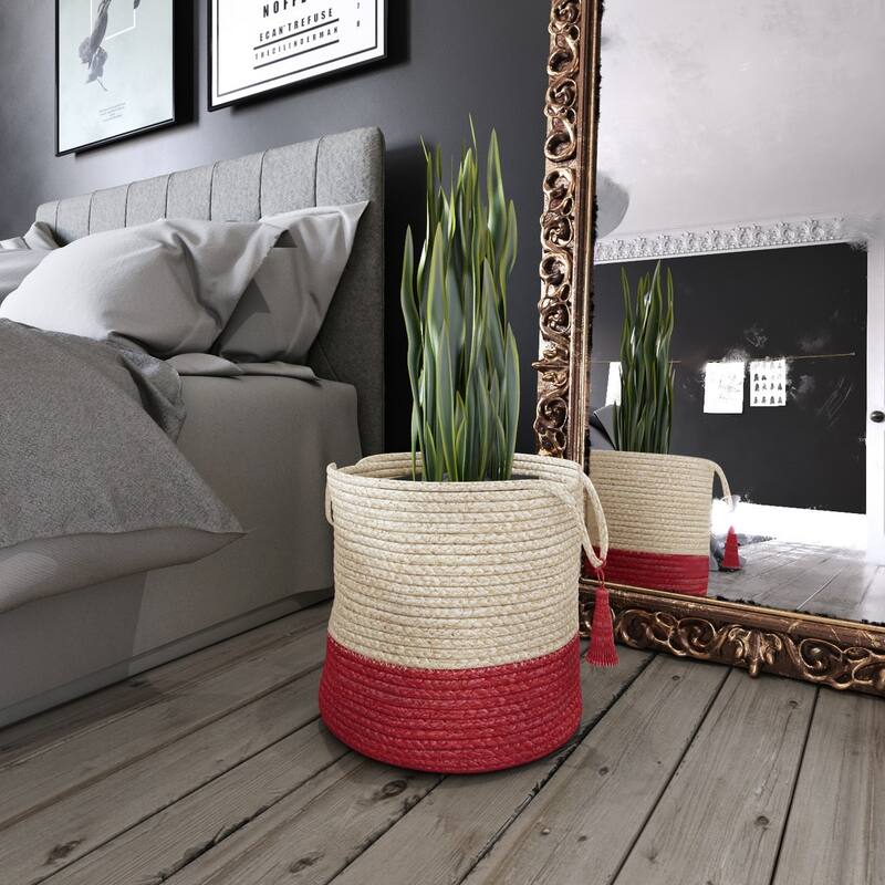 Sevita Two-Tone Off-White Jute Decorative Storage Basket with Handles
