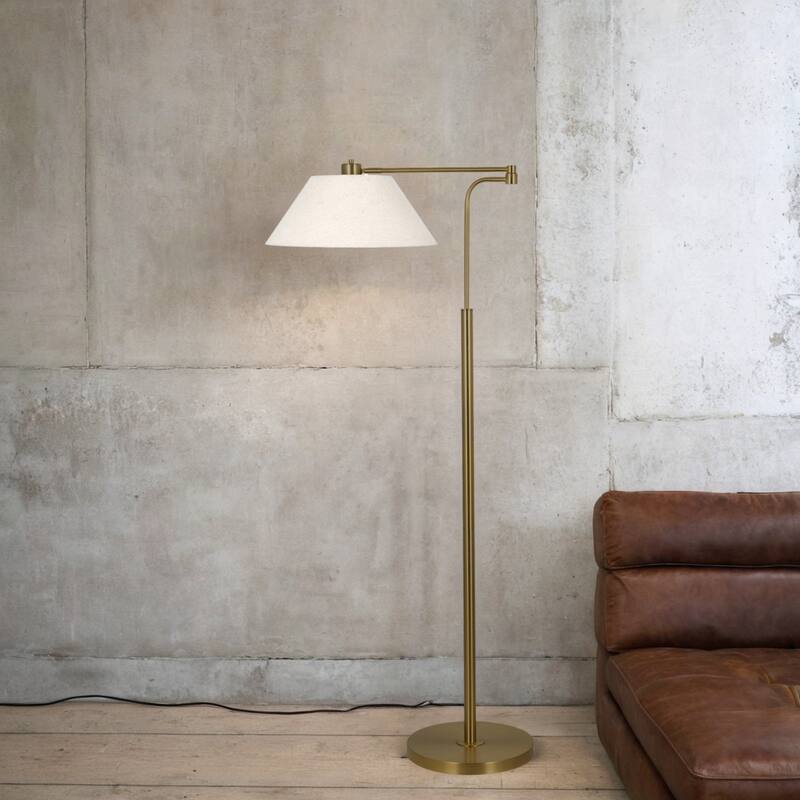 60" Metal Floor Lamp with Linen Shade, Pleating Brush Brass