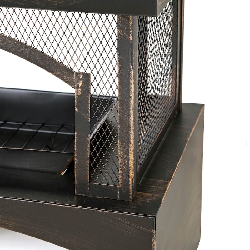 37-Inch Rectangular Metal Outdoor Wood Burning Fireplace - Outdoor Fireplace with Built-in Log Storage and Poker-Brushed Bronze