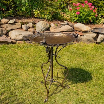 28.75" Tall Ornate Iron Birdbath with 3 Small Birds "Stephania"