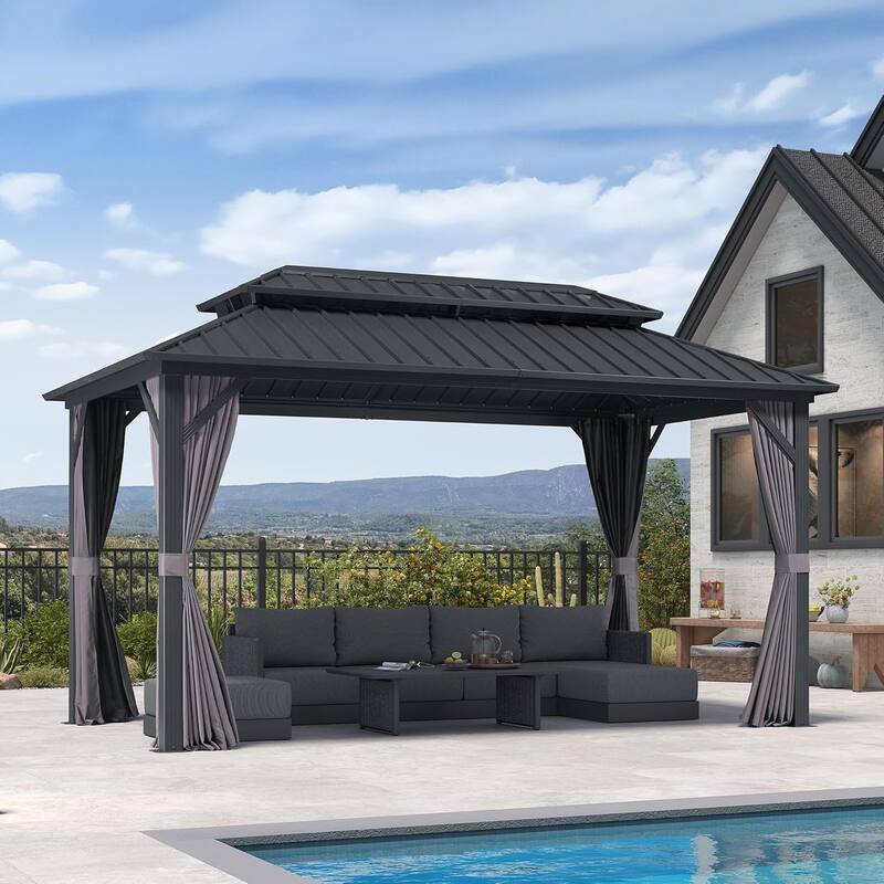 PURPLE LEAF Gazebo Grey Outdoor with Dual-Layer Galvanized Steel Double Roof Aluminum Gazebo with Netting and Curtains