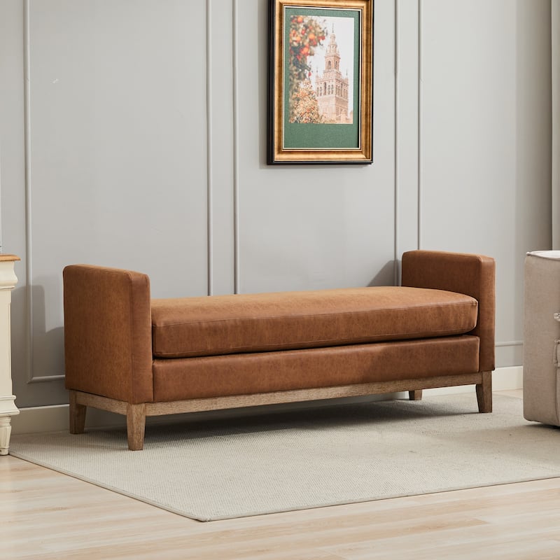 66.34"W Upholstered Bench, End of Bed Bench Ottoman with Wood Legs & 2 Bolster Pillows for Bedroom, Entryway