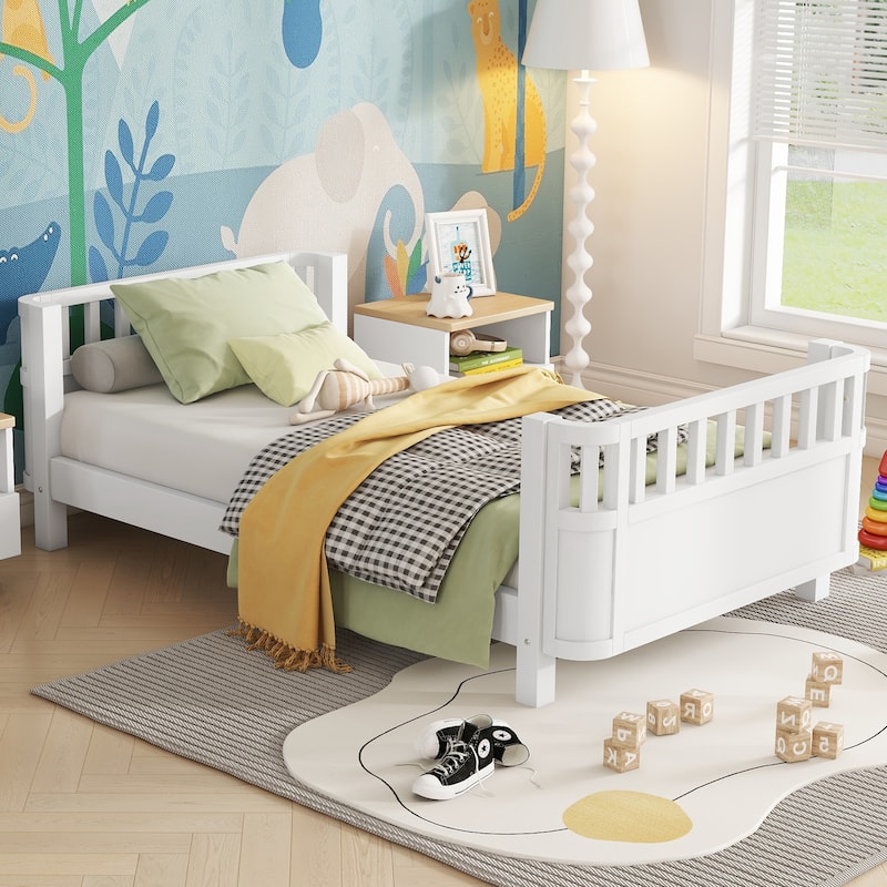 Twin Size Wood Platform Bed for Kids, Wood Low Profile Twin Bed with Rails for Girls and Boys, White (Patented Design)