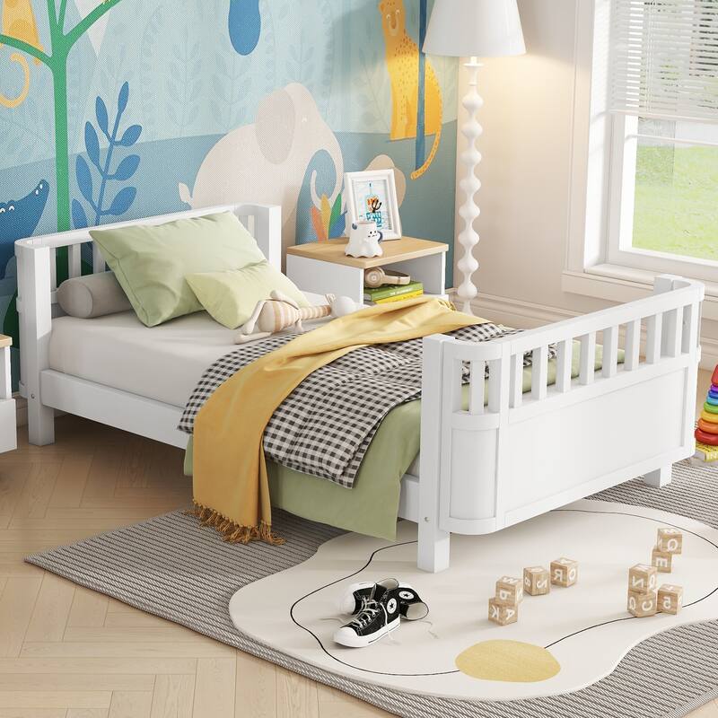 Twin Size Wood Platform Bed with Safety Rails for Kids, Low Profile Design, White