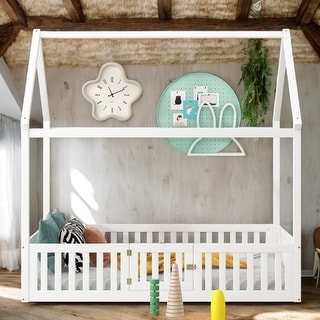 Full Size House-Shaped Design House Bed with Fence and Door,Solid Construction for Bedroom