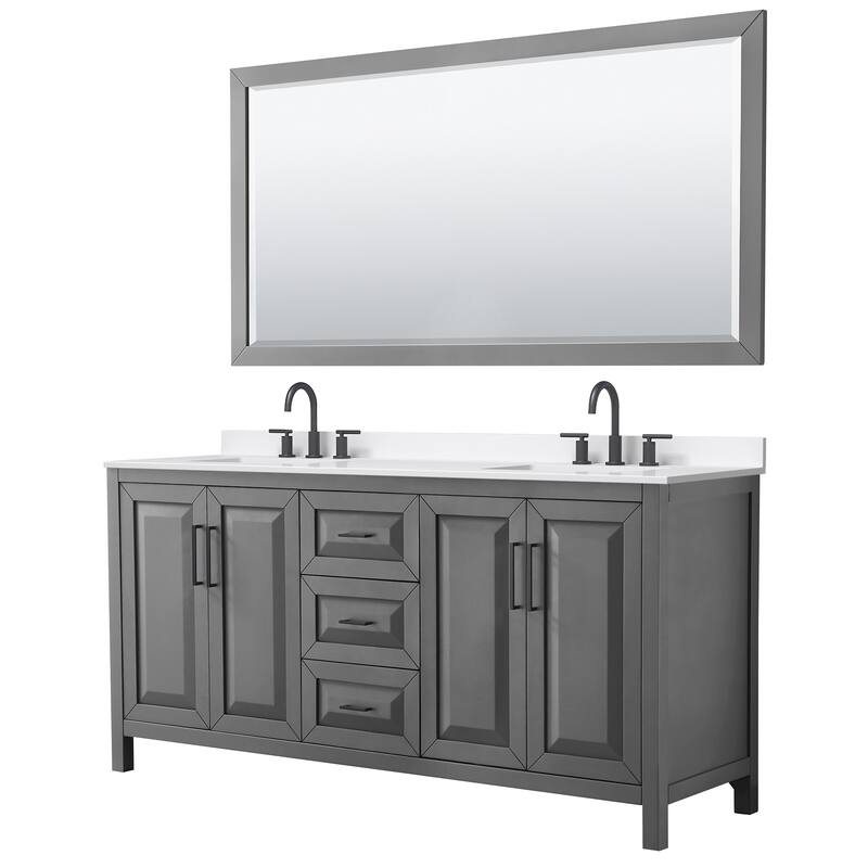 Daria 72-inch Double Vanity, 3 Hole Quartz Top, 70-inch Mirror - Dark Gray, Black Trim, White Quartz Top