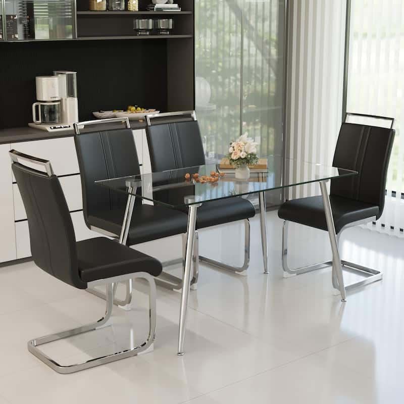 Glass Dining Table, Modern Rectangular Table with Tempered Glass Tabletop & Sliver metal Legs, Simplistic Kitchen Table