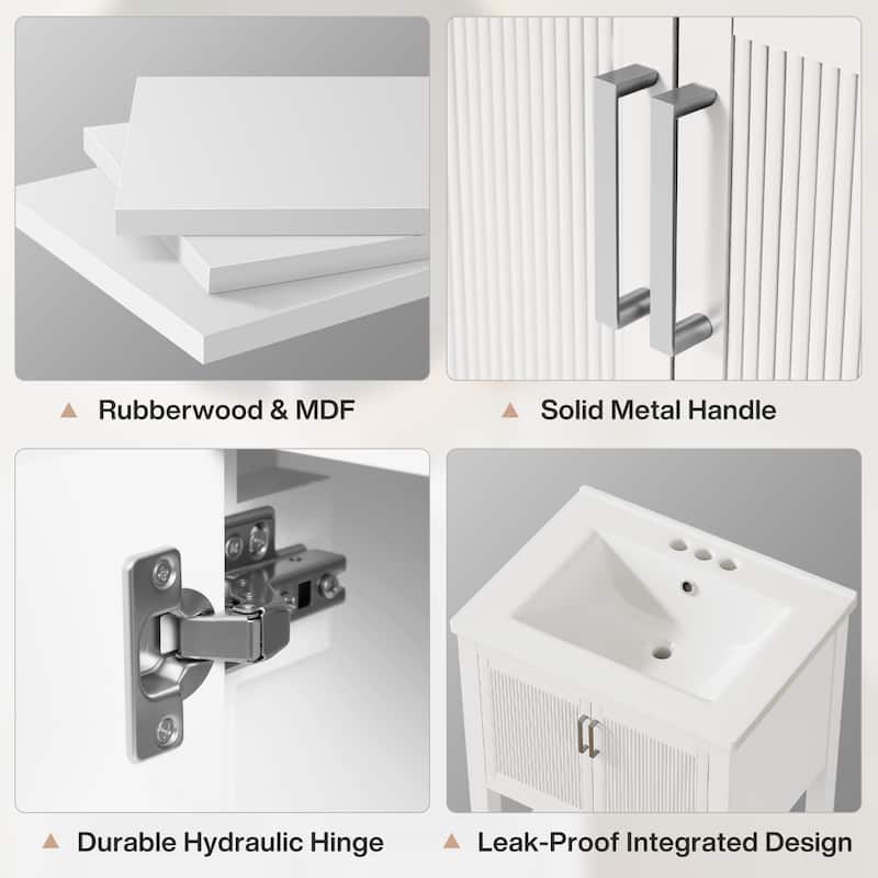 24" Single Bathroom Vanity with Ceramic Sink, Solid Rubberwood Frame & Open Storage Shelf