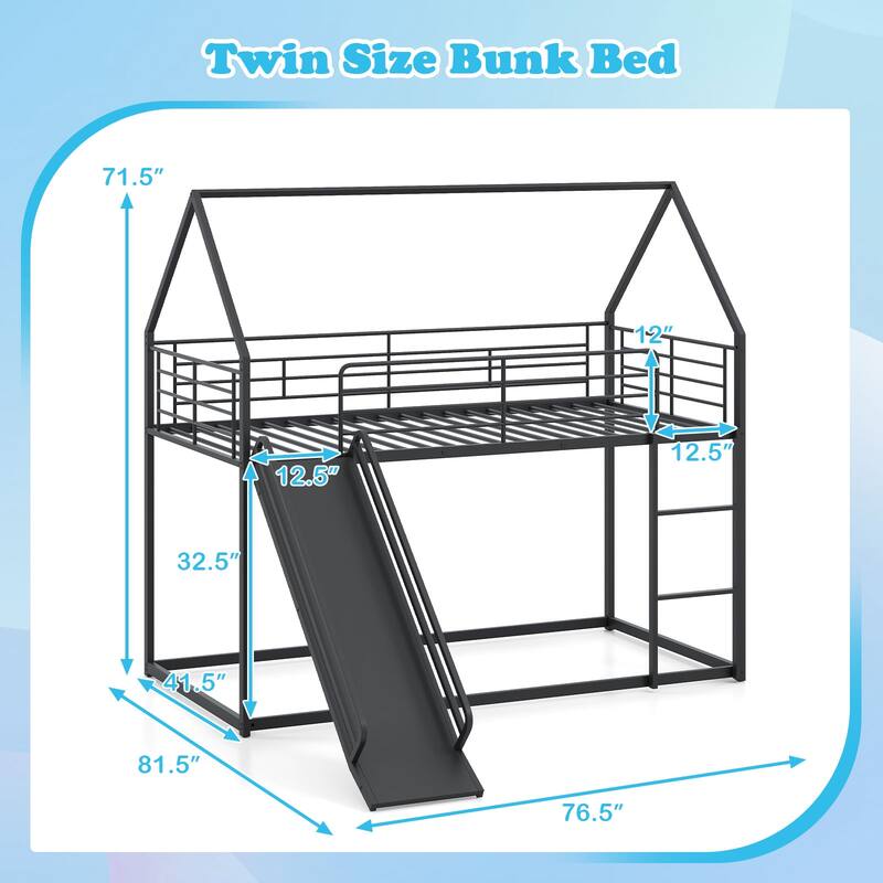 Black Twin Size Metal Bunk Bed with Slide and Ladder Heavy Duty Loft Frame with Guardrails for Kids
