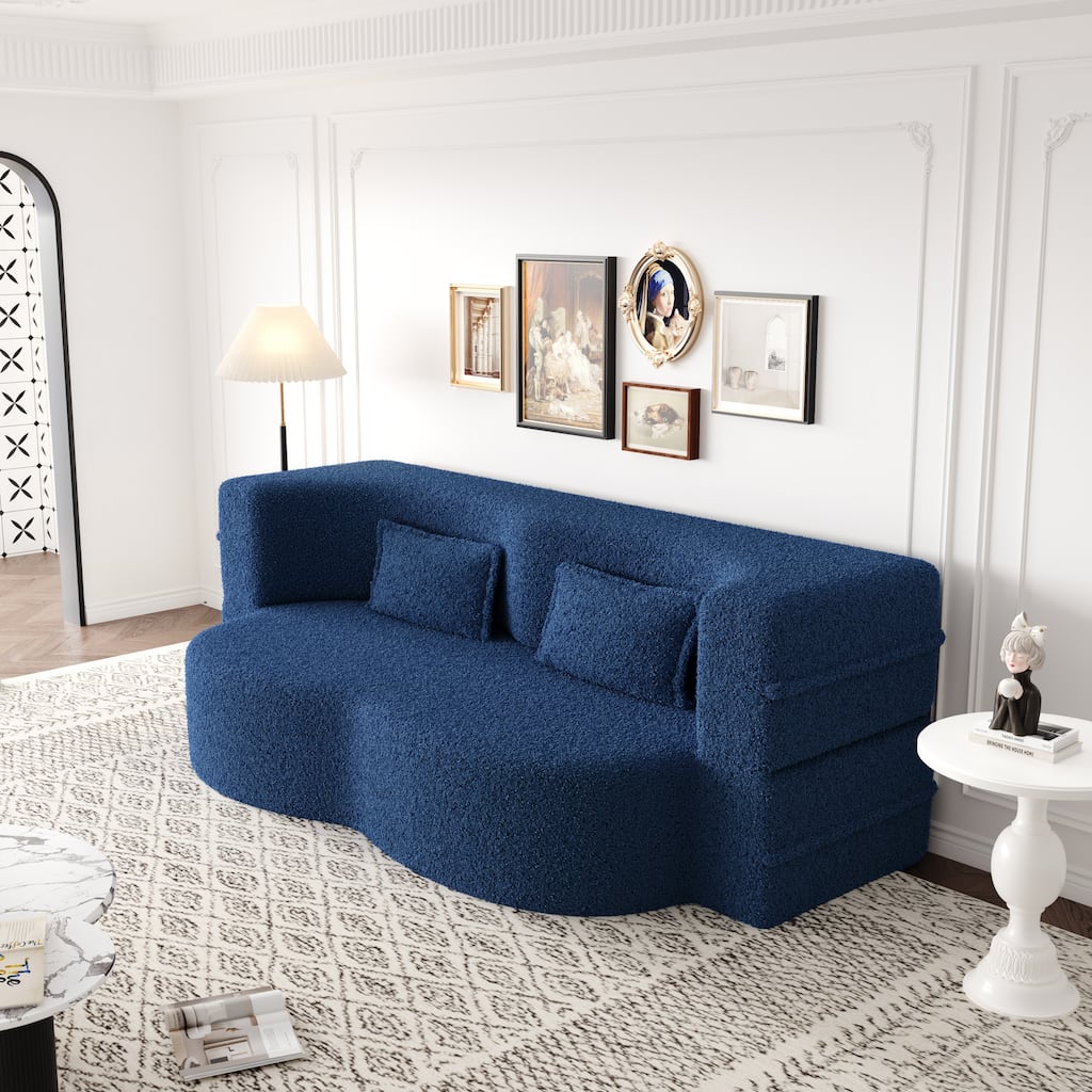 Teddy Fabric Deep Seat Sofa with 2 Pillows, Convertible Folding Sofa Bed, High-Density Memory Foam Floor Sleeper Sofa Bed