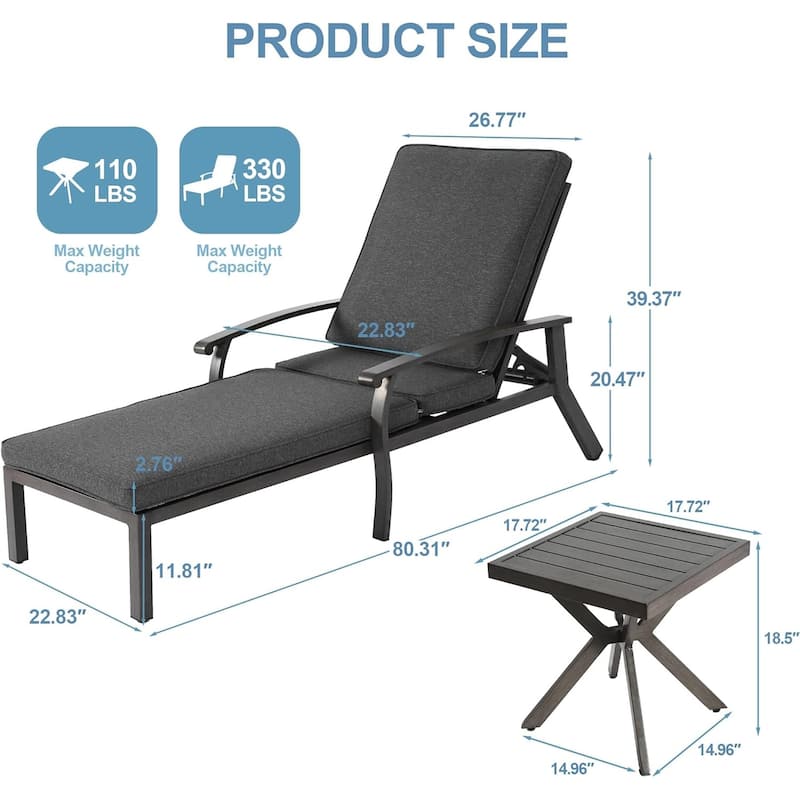 HOMEFUN 3-Piece Outdoor Aluminum Reclining Chaise Lounge (set of 2)with Table and Cushions