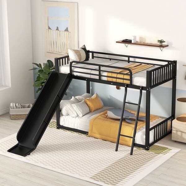 slide 2 of 20, Twin over Twin Metal Bunk Bed with Slide, Inclined Ladder, Strong Metal Slats, Fun Design for Unisex, Easy Assembly, Black Black