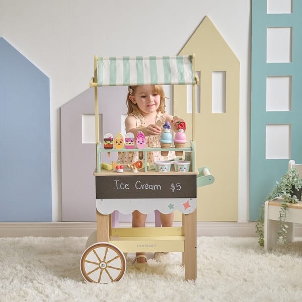 slide 2 of 13, Teamson Kids Ice Cream Pretend Play Stand with Chalkboard Menu, Fridge Storage, and 33 Play Food Accessories for Toddlers - Mint Mint