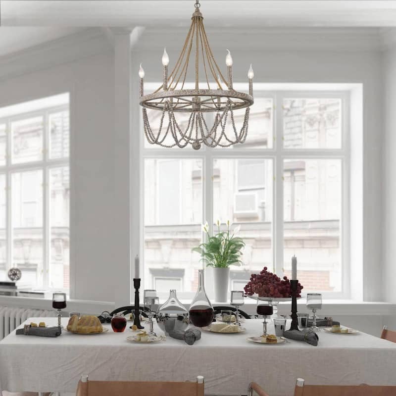 Farmhouse Empire Wood Beaded 6-Light Wagon Wheel Chandelier for Dining Living Room - D25.5'' x H97.5''