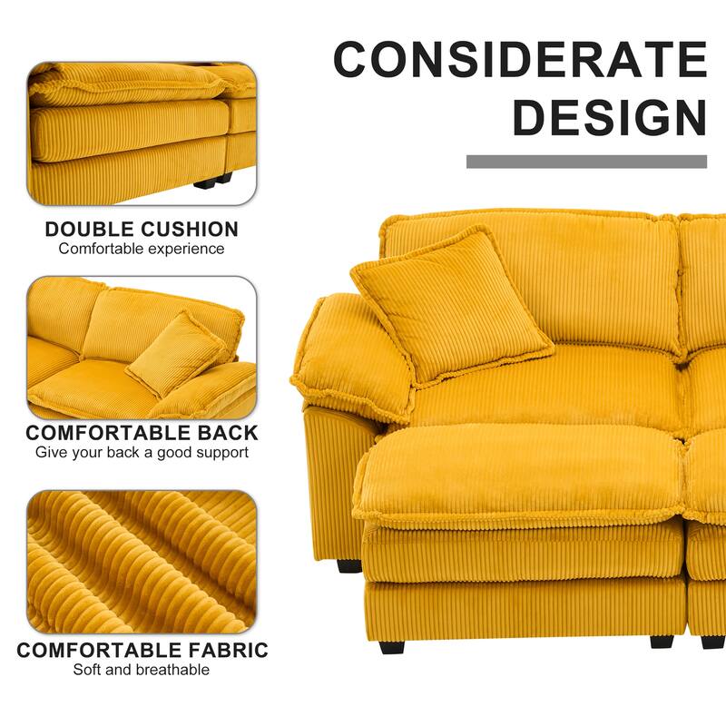 Corduroy Sleeper Sectional Sofa, Loveseat & Ottomans Chaise Lounge Set