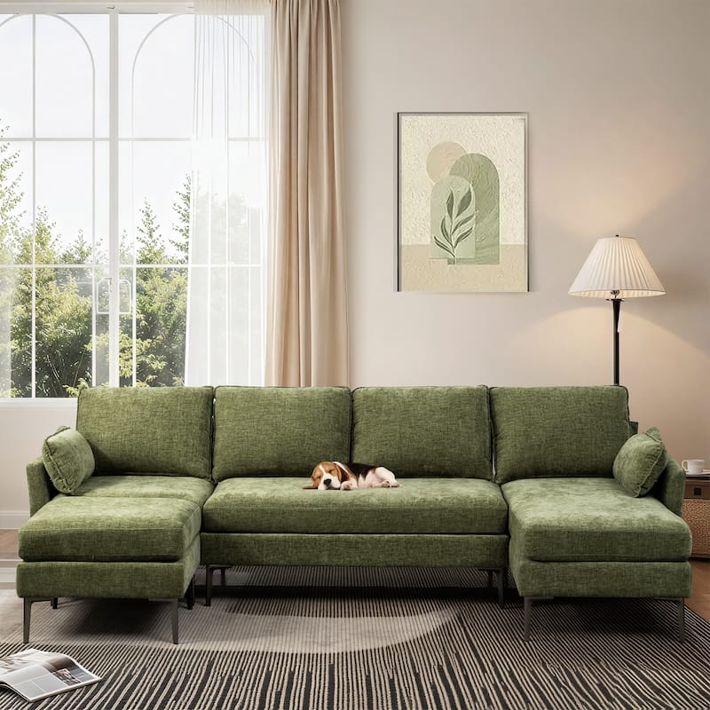 Modern Chenille Sectional Sofa with Reversible Chaise and Ottoman, Perfect for Living Rooms with Sleeper Function - Green - Symmetrical