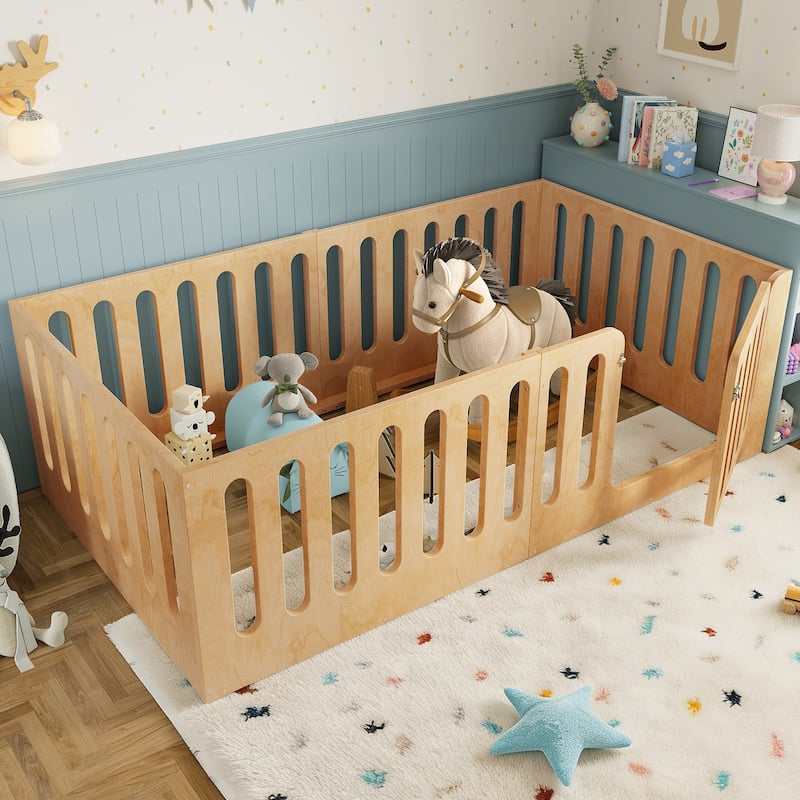 Twin Size Floor Bed with High Fence for Kids, Solid Wood Kids Montessori Bed with Door, No Box Spring Needed Design