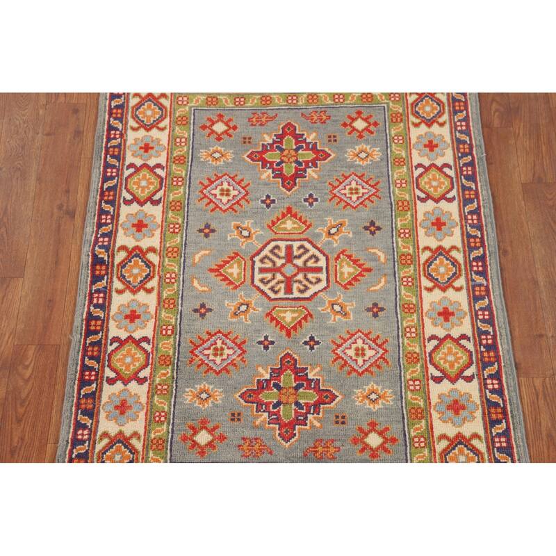 Geometric Kazak Accent Rug Hand-Knotted Grey Wool Carpet - 2'8" x 4'1"