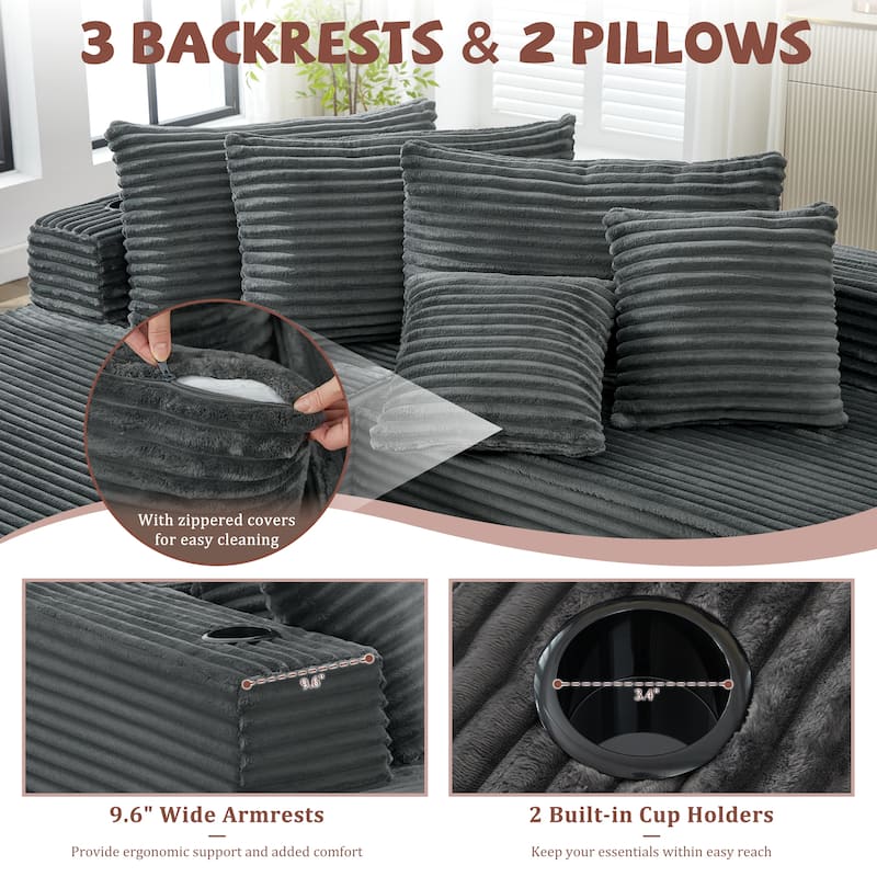 104" Upholstered No-Assembly Modular Sofa Chaise Sofa with Cupholders, Free Combination