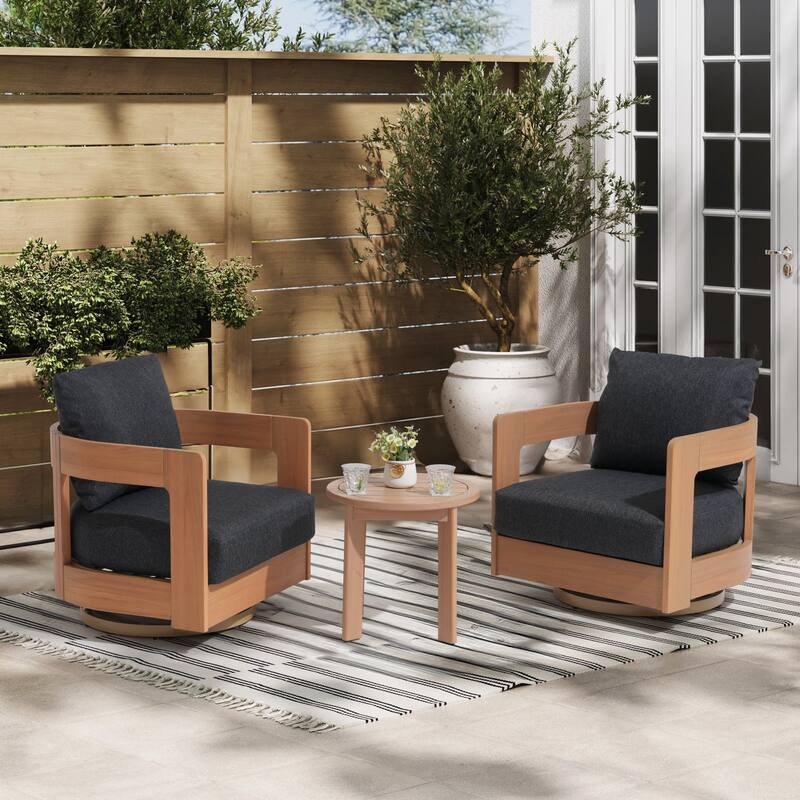 Outdoor 3-Piece Swivel Chair Conversation Set and Coffee Table in Eucalyptus Wood