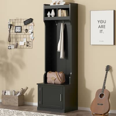 Minimalist Slim Hall Tree with Cabinet & 6 Hanging Hooks, Multi-functional Storage Bench with Coat Rack, Elegant Foyer Cabinet