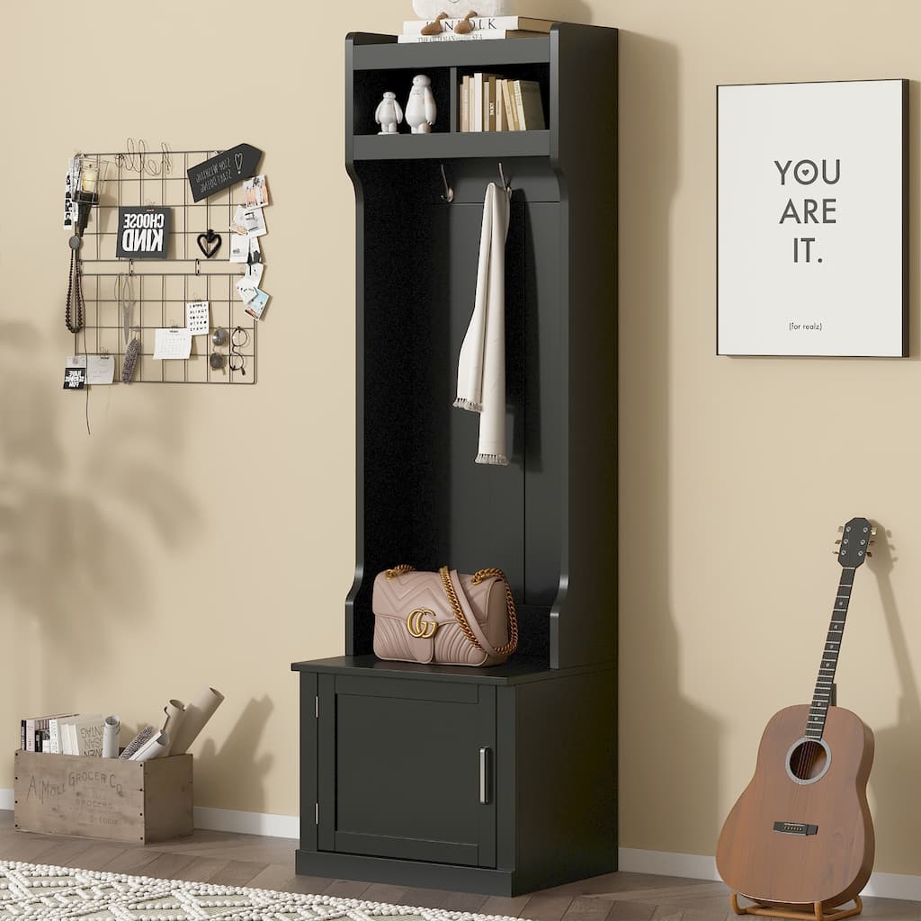 Minimalist Slim Hall Tree with Cabinet & 6 Hanging Hooks, Shoe Storage Bench with Coat Rack, Elegant Foyer Cabinet for Hallway