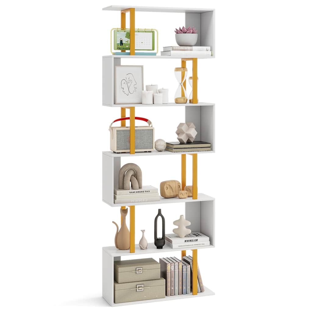 Gymax 6-Tier Geometric Bookcase 74.5-Inch S-Shaped Bookshelf w/ Metal