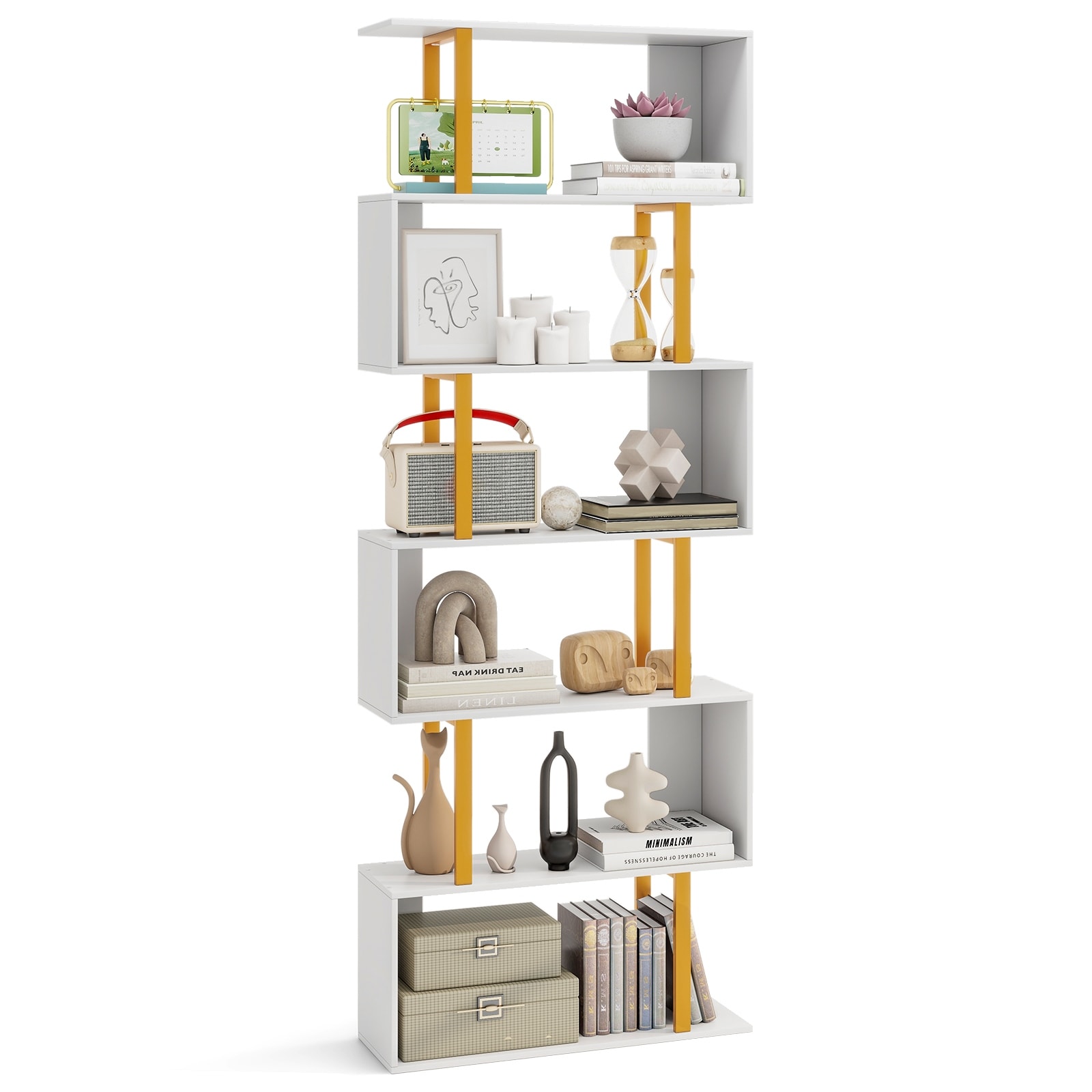 Gymax 6-Tier Geometric Bookcase 74.5-Inch S-Shaped Bookshelf w/ Metal