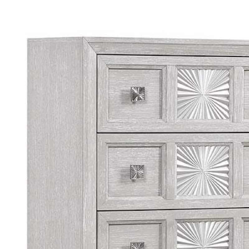 Diaz Tall Dresser Chest, 5 Drawers, Sunburst Metal Design, Light Gray
