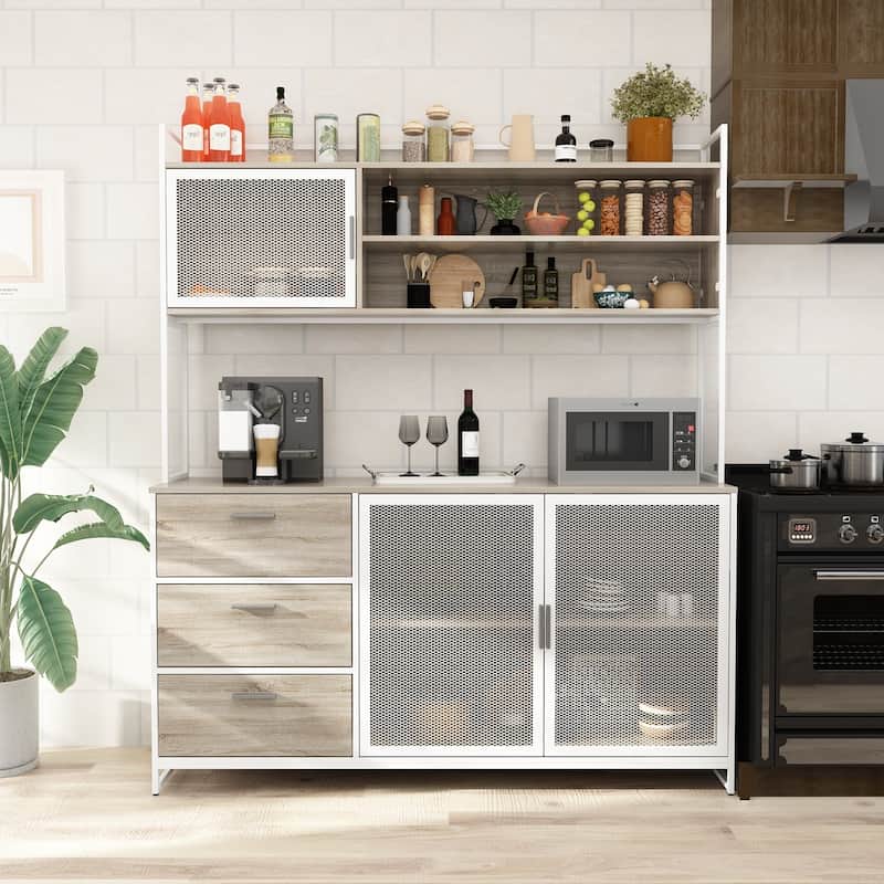 59"W 68.5"H Kitchen Pantry Microwave Storage Cabinet Buffet with Hutch - Oak