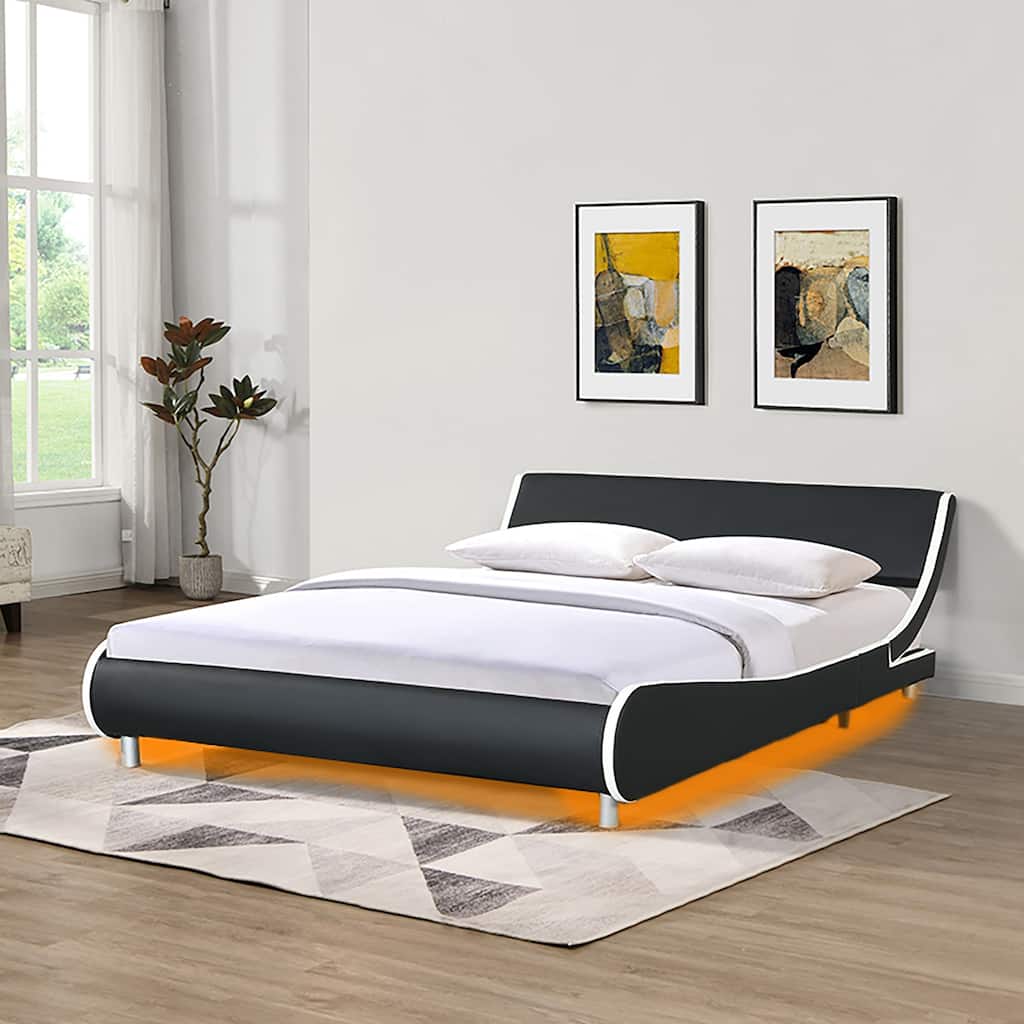 Queen Faux Leather Streamline Bed with LED Lights