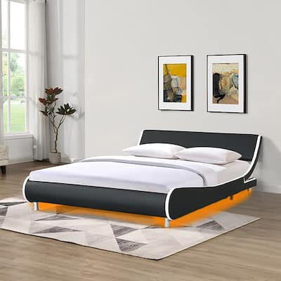 Queen Faux Leather Upholstered Platform Bed with LED lighting