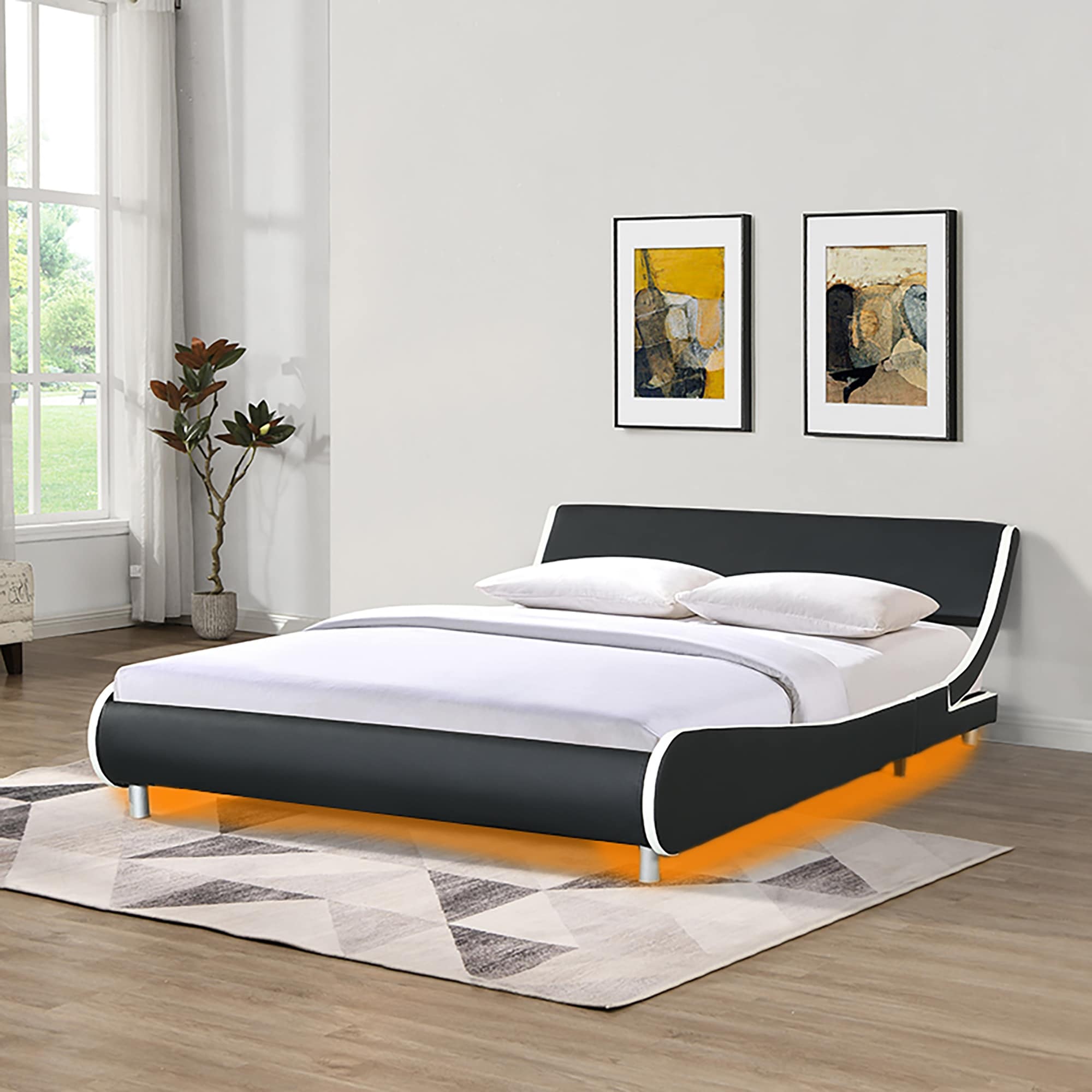 Queen Size Sleigh Bed Upholstered Platform Bed Frame with LED